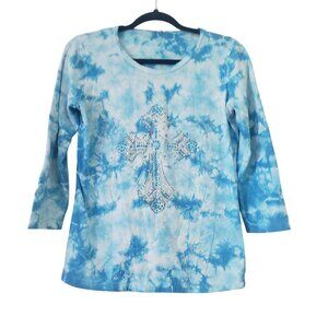 Reba Womens Blue Tie Dye Rhinestone Cross Shirt Size S Y2K Country Baddie Grunge